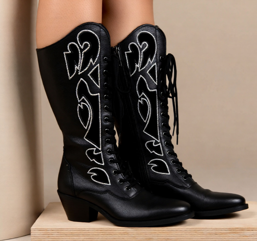 Dingo Women's San Miguel Leather Lace-Up Western Cowgirl Black Boots 6